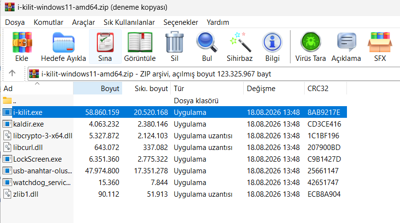 ZIP dosyasının içeriği — i-kilit.exe listenin başında